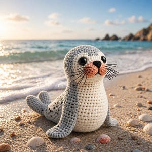 Puede incluir: Un juguete de foca de ganchillo con cuerpo gris y blanco, ojos negros y nariz y boca rosas. La foca está en una playa de arena con conchas marinas, el océano y un cielo azul en el fondo.