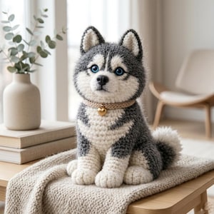 Pode incluir: Um cão husky de crochê com olhos azuis, usando uma coleira bege com um pingente de coração dourado. O cão tem um padrão cinza e branco e está sentado em um cobertor de malha bege. O cão está em uma mesa de madeira.
