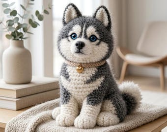 Puede incluir: Un perro husky de ganchillo con ojos azules, que lleva un collar beige con un colgante de corazón dorado. El perro tiene un patrón gris y blanco y está sentado sobre una manta de punto beige. El perro está sobre una mesa de madera.