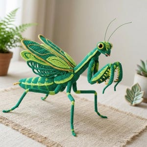 Puede incluir: Una mantis religiosa de ganchillo hecha a mano en tonos verdes y amarillos. El insecto tiene alas detalladas, patas largas y ojos grandes. La mantis está posada sobre una superficie de color neutro, mostrando el intrincado trabajo de ganchillo.