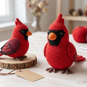 May include: Two handmade crochet cardinal birds. The birds are mainly red with black and orange details. One bird is on a wooden slice, the other on a light surface. A blank tag and red yarn are also visible.