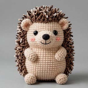 May include: A crocheted hedgehog toy with a smiling face, black eyes, and pink cheeks. The hedgehog has a light brown body, with darker brown and cream-colored spines. The toy has small arms and legs, and is set against a gray background.