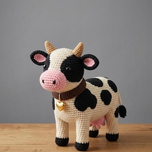 Può includere: Una statuina di mucca all'uncinetto con corpo color crema, macchie nere e testa bianca e nera. Ha naso e orecchie rosa, corna marroni e un collare marrone con un ciondolo a forma di cuore dorato. La mucca è su una superficie di legno.