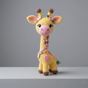Könnte beinhalten: Handgefertigtes gehäkeltes Giraffen-Spielzeug in Gelb, Rosa und Braun. Die Giraffe hat einen langen Hals, große Ohren und ist mit rosa Blumen und grünen Blättern verziert. Das Spielzeug steht auf einer weißen Oberfläche vor grauem Hintergrund.