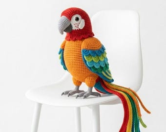 Crochet Parrot Pattern PDF – Amigurumi Macaw Tutorial, Layered Wings, Long Tail (Digital Download)