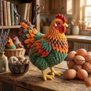 May include: A handcrafted crochet chicken in vibrant colors of green, orange, and red, with yellow feet and a red comb. The decorative hen is displayed on a wooden surface, near a basket of eggs, and other craft supplies.