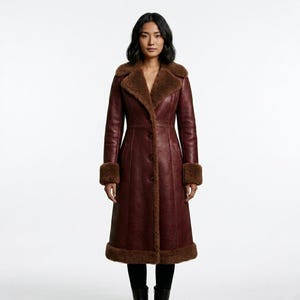 Women Real Leather Shearling Coat, Fur Trim Winter Overcoat, Handmade Long Jacket Gift