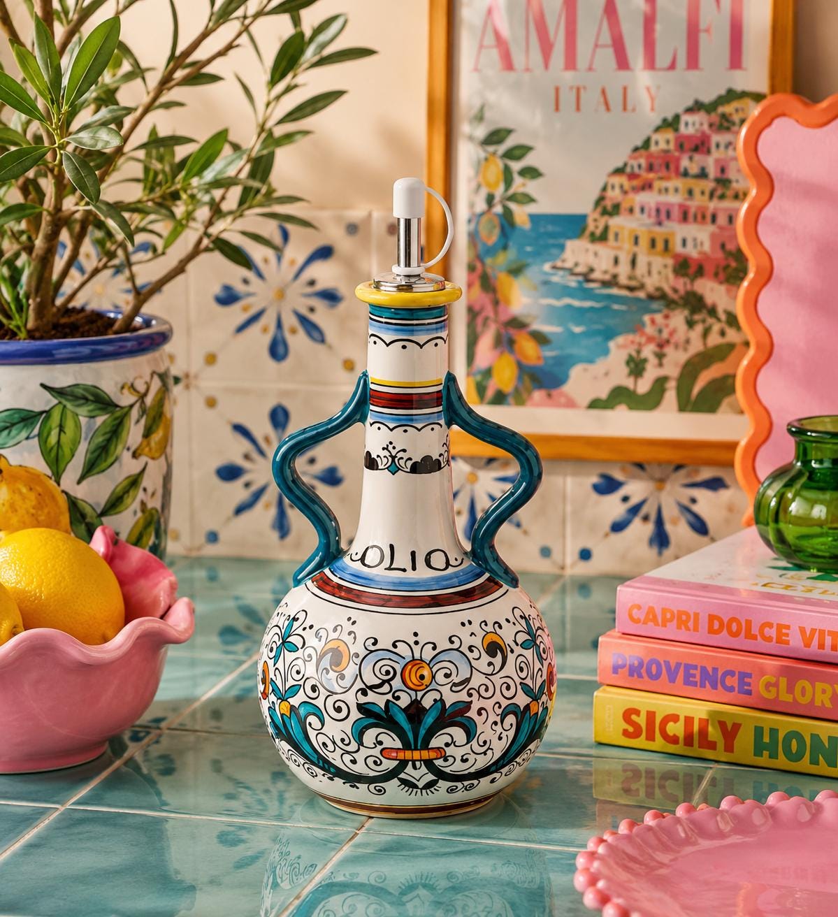 Blue Sicilian Ceramic Olive Oil Dispenser, Hand Painted Italian