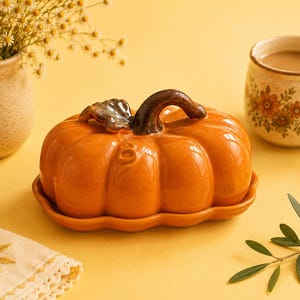 May include: A glossy orange ceramic butter dish shaped like a pumpkin with a dark brown stem and a small leaf detail on top. The dish consists of a base and a removable lid, featuring a smooth, rounded surface and a vibrant, solid colour finish.