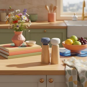 Puede incluir: Dos molinillos de sal y pimienta de madera con tapas azules y blancas se encuentran sobre una encimera de madera. Un jarrón de flores coloridas, un cuenco y una pila de libros están cerca. Un cuenco de fruta y un paño de cocina estampado completan la escena de la cocina.