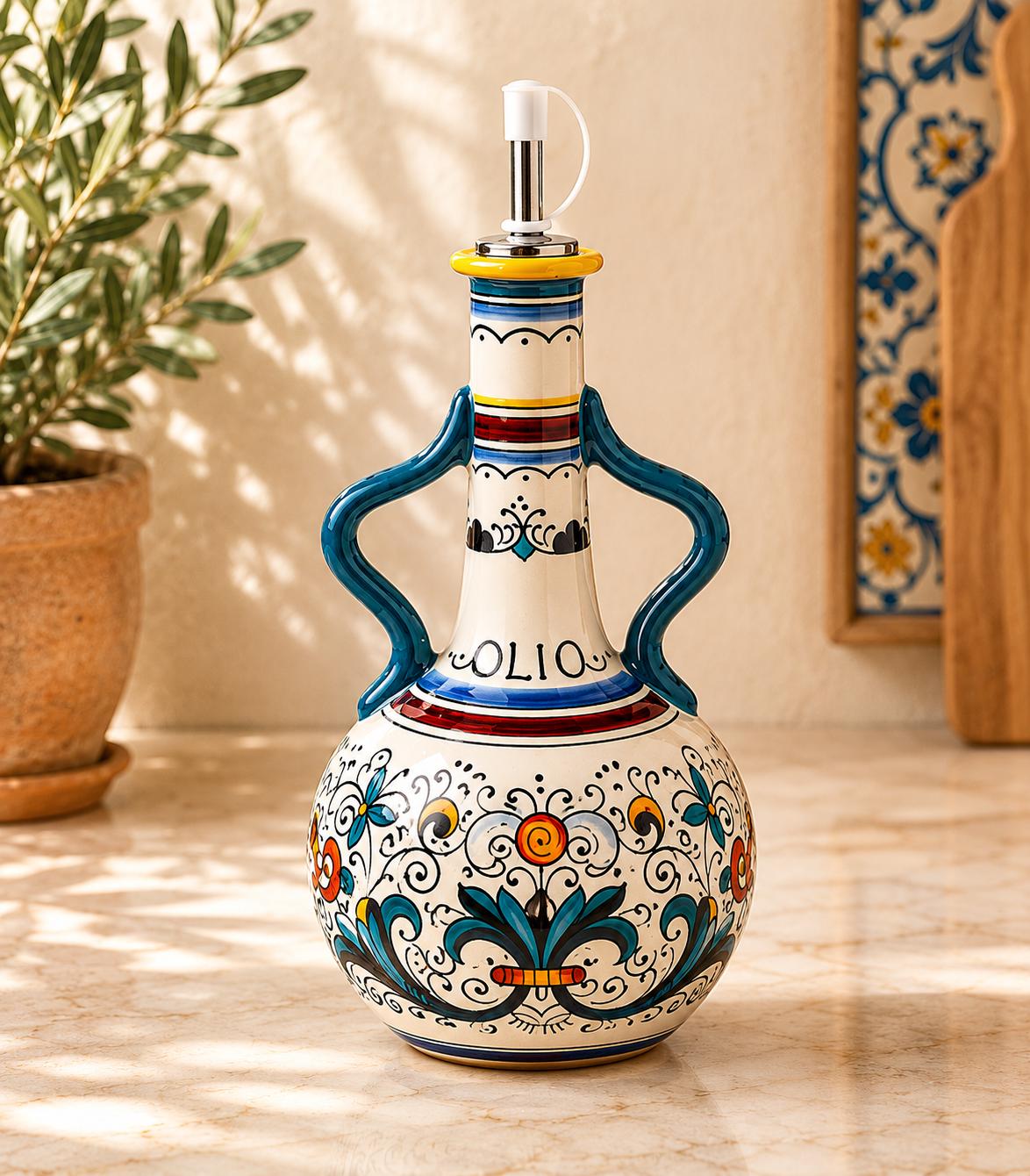 Blue Sicilian Ceramic Olive Oil Dispenser, Hand Painted Italian
