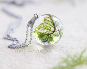 Moss necklace. Resin terrarium jewelry with real forest plants. Unique gift for nature lover friend.