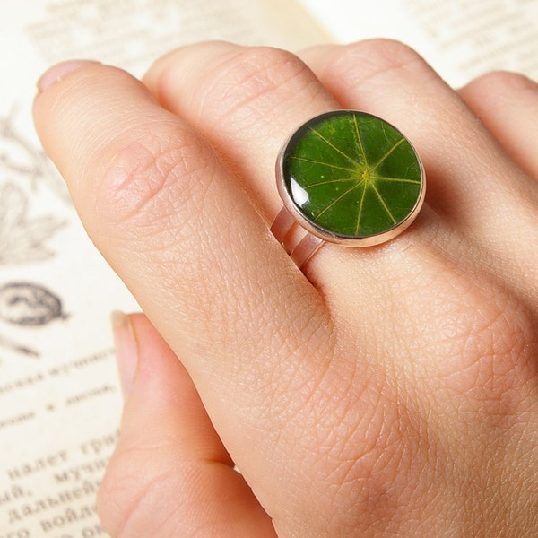 Nature ring with real leaf of Nasturtium - handmade green jewelry - Tropaeolum majus