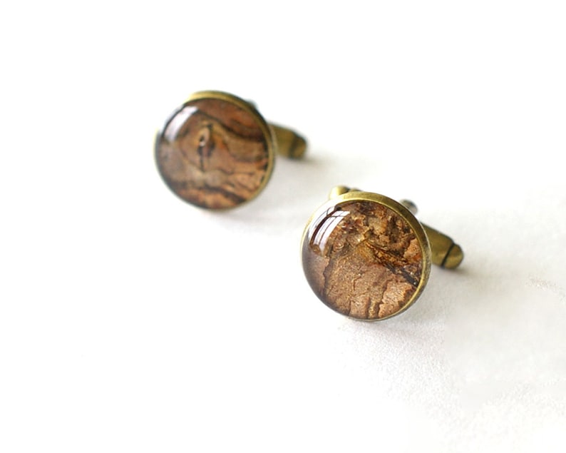 Real Bark Cufflinks Prunus cerasus brown unusual handmade resin cuff links woodland rustic wedding