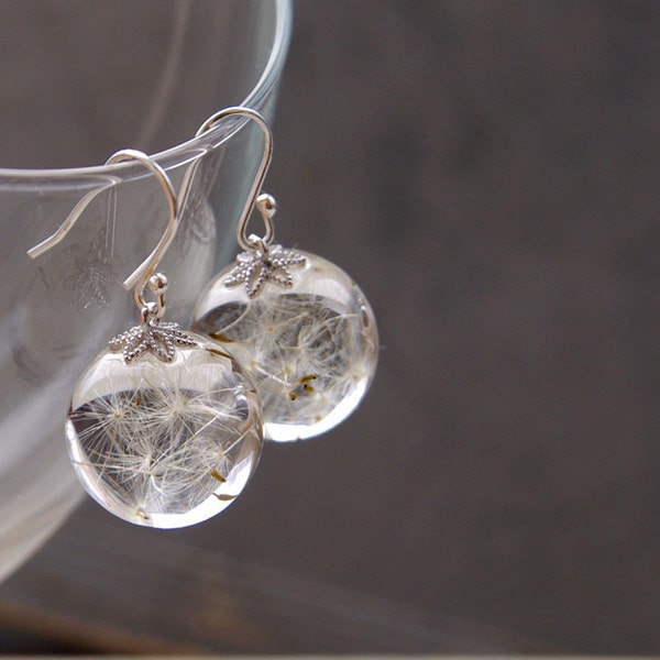 Dandelion earrings ⇷16mm⇸ Crystal resin dangle earrings | Real Dandelion Seeds jewelry Sphere earrings Gift from nature Make a wish jewelry