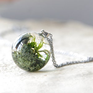 Lichen and Moss Sphere Necklace - green resin jewelry - unusual orb necklace
