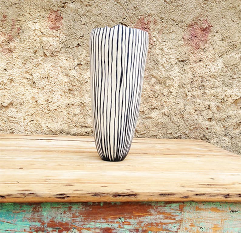 Ceramic vase, black and white lines, organic design image 2