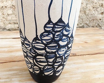 Ceramic vase, black and white organic design