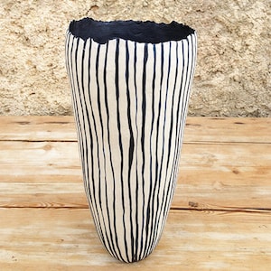 Ceramic vase, black and white lines, organic design image 1