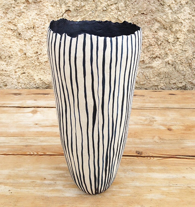 Ceramic vase, black and white lines, organic design image 1