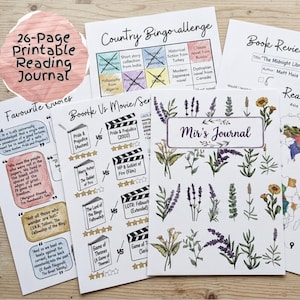 May include: A collection of printable reading journal pages. The pages include a book review tracker, a country bingo challenge, a page for favorite quotes, and a book vs. movie comparison. The journal is titled "Mir's Journal" and has floral illustrations.