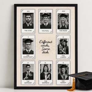 May include: A framed print with nine graduation photos styled as tarot cards. Each card shows a graduate's photo and a tarot title, including "The Star" and "The Fool." The text "Different cards, Same deck" is in the center. A graduation cap with a gold tassel is in the foreground.