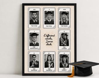 Póster con marco de fotos personalizado con cartas del tarot, regalo de graduación personalizado, recuerdo para grupo de amigos, plantilla de tarot en Canva, retrato familiar imprimible