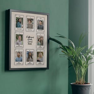 May include: A framed artwork with tarot card designs, each featuring a portrait. The text reads "Different cards, Same deck". The frame is black, and the background is beige. The artwork is displayed on a green wall.