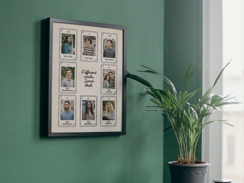 May include: A framed artwork with tarot card designs, each featuring a portrait. The text reads "Different cards, Same deck". The frame is black, and the background is beige. The artwork is displayed on a green wall.