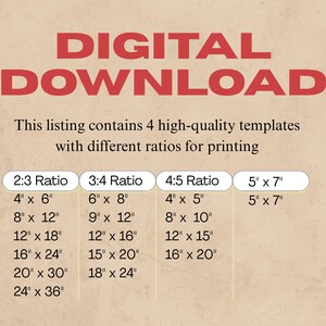 May include: A digital download graphic with the words "DIGITAL DOWNLOAD" in red. The text below lists 4 high-quality templates with different ratios for printing, including sizes like 10 cm x 15 cm, 20 cm x 30 cm, and 13 cm x 18 cm.