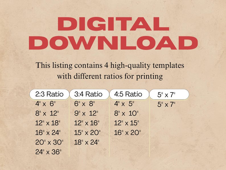 May include: A digital download graphic with the words "DIGITAL DOWNLOAD" in red. The text below lists 4 high-quality templates with different ratios for printing, including sizes like 10 cm x 15 cm, 20 cm x 30 cm, and 13 cm x 18 cm.