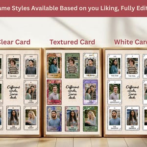 May include: Three framed tarot card displays, each with a different card style: clear, textured, and white. Each frame features nine tarot cards with photos and card names. The top banner reads "3 Frame Styles Available Based on you Liking, Fully Editable."