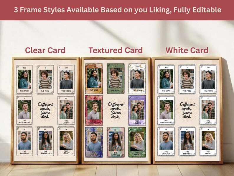 May include: Three framed tarot card displays, each with a different card style: clear, textured, and white. Each frame features nine tarot cards with photos and card names. The top banner reads "3 Frame Styles Available Based on you Liking, Fully Editable."