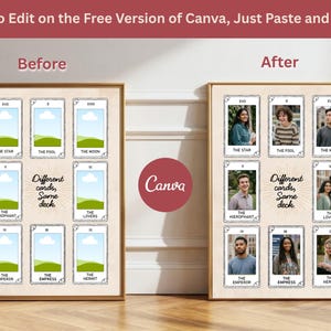 May include: Two framed tarot card art prints. The "Before" print shows blank cards, while the "After" print displays photos in the card frames. Text on the prints includes "THE STAR", "THE FOOL", "THE MOON", "THE HIEROPHANT", "THE LOVERS", "THE EMPEROR", "THE EMPRESS", and "THE HERMIT". The text "Different cards, Same deck" is also present.