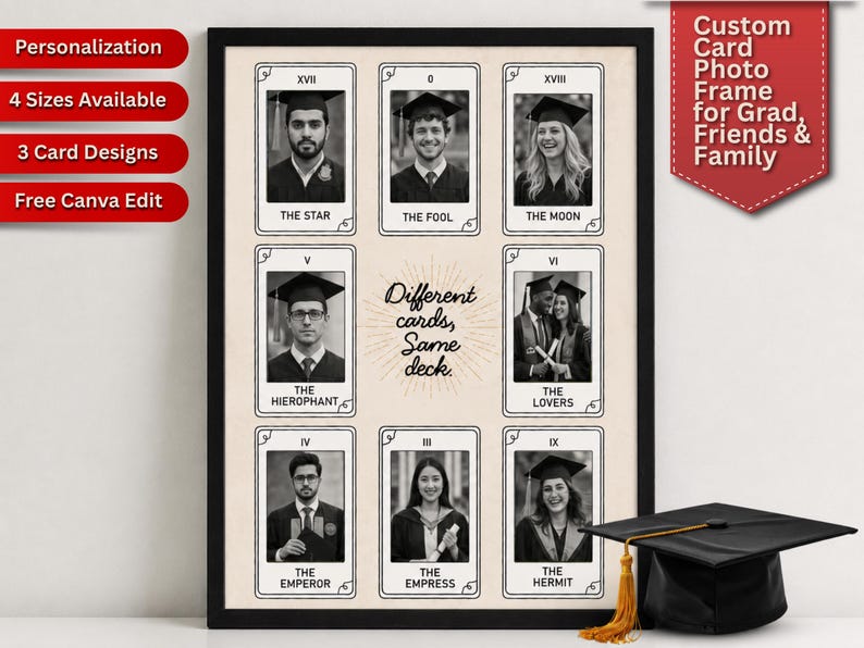 May include: A framed print with graduation photos styled as tarot cards. The cards display images of graduates with titles such as "The Star" and "The Fool." The text "Different cards, Same deck" is in the center. A graduation cap is in the foreground.