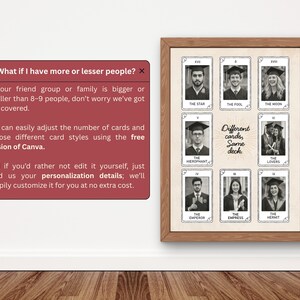 May include: A wooden framed print displaying nine tarot card designs with black and white portraits of people wearing graduation caps. The text "Different cards, Same deck" is in the center. A text box on the left side provides customization details.