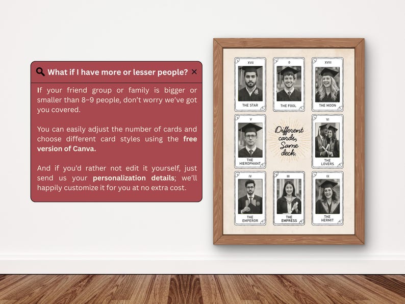 May include: A wooden framed print displaying nine tarot card designs with black and white portraits of people wearing graduation caps. The text "Different cards, Same deck" is in the center. A text box on the left side provides customization details.