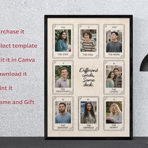 May include: A framed print displaying eight tarot cards, each with a photograph and a title such as "The Star" and "The Moon." The text "Different cards, Same deck" is centered. The frame is black.