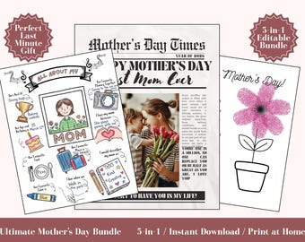 Mother's Day Printable Bundle, Newspaper, Handprint Art, Coupons (Instant Download)