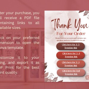 May include: A digital print design with a watercolour background and the words "Thank You For Your Order." Includes links for various template sizes. Instructions are provided for customization and PDF export.