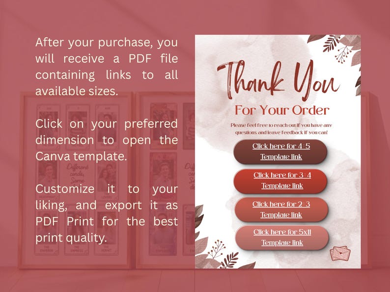 May include: A digital print design with a watercolour background and the words "Thank You For Your Order." Includes links for various template sizes. Instructions are provided for customization and PDF export.