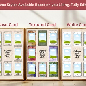 May include: Three framed tarot card displays, each with a different card style: clear, textured, and white. Each frame features tarot cards with images and text. The text at the top reads "3 Frame Styles Available Based on you Liking, Fully Editable."