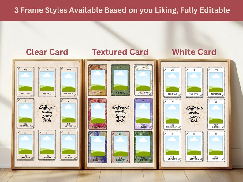 May include: Three framed tarot card displays, each with a different card style: clear, textured, and white. Each frame features tarot cards with images and text. The text at the top reads "3 Frame Styles Available Based on you Liking, Fully Editable."