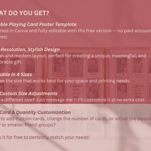 May include: A pink poster detailing an editable playing card poster template, designed in Canva. The poster highlights features like high-resolution design, available in 4 sizes, and free custom size and card adjustments.
