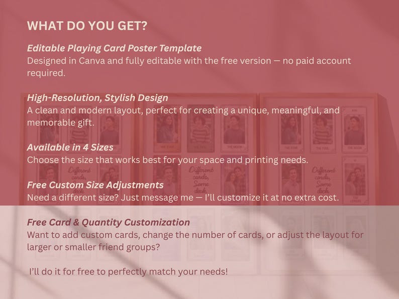 May include: A pink poster detailing an editable playing card poster template, designed in Canva. The poster highlights features like high-resolution design, available in 4 sizes, and free custom size and card adjustments.