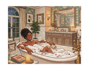 May include: A jigsaw puzzle illustration of a person relaxing in a white clawfoot bathtub filled with bubbles and rose petals. A book labeled Self Care sits on a tray nearby. The bathroom features floral wallpaper, a wooden vanity, and a mirror.
