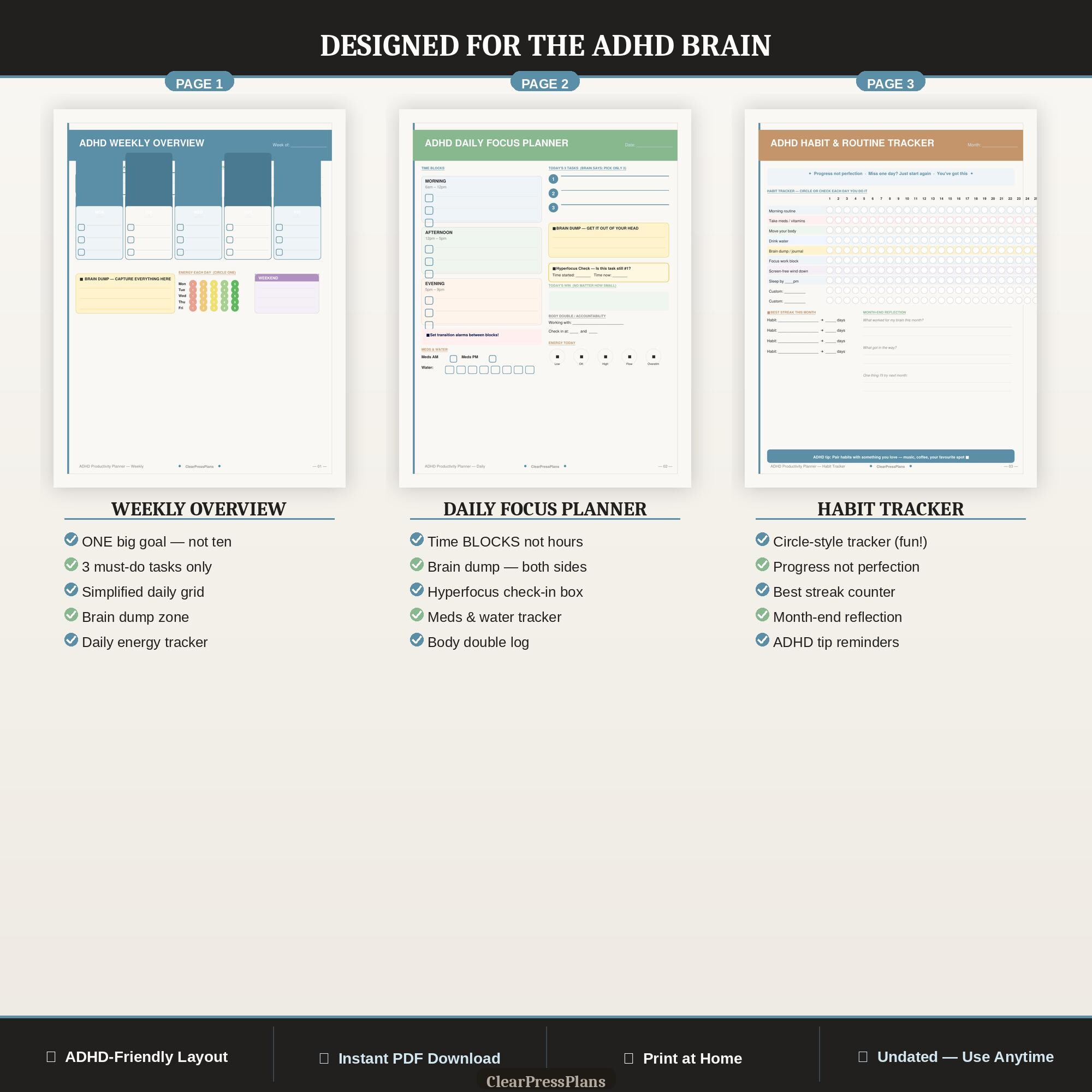 ADHD Planner Bundle Printable | Daily Focus, Weekly, Habit Tracker (PDF ...