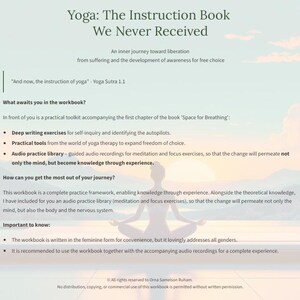 Puede incluir: Un cuaderno de trabajo digital titulado "Yoga: The Instruction Book We Never Received" con texto sobre la práctica del yoga y la autoexploración. La portada presenta una silueta de una persona en una postura de yoga sobre un fondo sereno de color pastel.