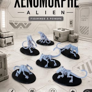 Puede incluir: Colección de figuras de Xenomorfo Alienígena en color azul claro sobre bases negras. La imagen incluye el texto "Xenomorphe Alien" y "Figurines à Peindre". Las figuras se muestran en un entorno de ciencia ficción, con texto que indica que son perfectas para pintar y un regalo único.
