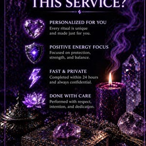 Puede incluir: Un gr&aacute;fico de tonos p&uacute;rpuras con el texto WHY CHOOSE THIS SERVICE? que incluye cuatro iconos: un coraz&oacute;n, un escudo, un rayo y una flor de loto. El texto enumera: PERSONALIZED FOR YOU, POSITIVE ENERGY FOCUS, FAST & PRIVATE y DONE WITH CARE.